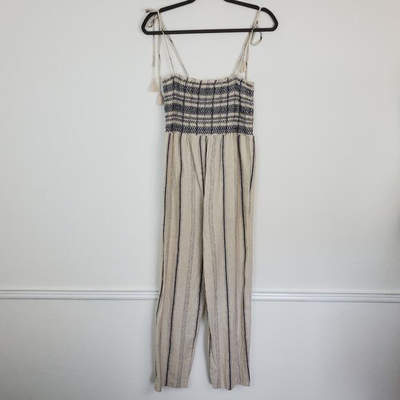 Madewell Jumpsuit Smocked Cami Linen Striped Summer Coastal Neutral Cream Gray - Picture 4 of 14